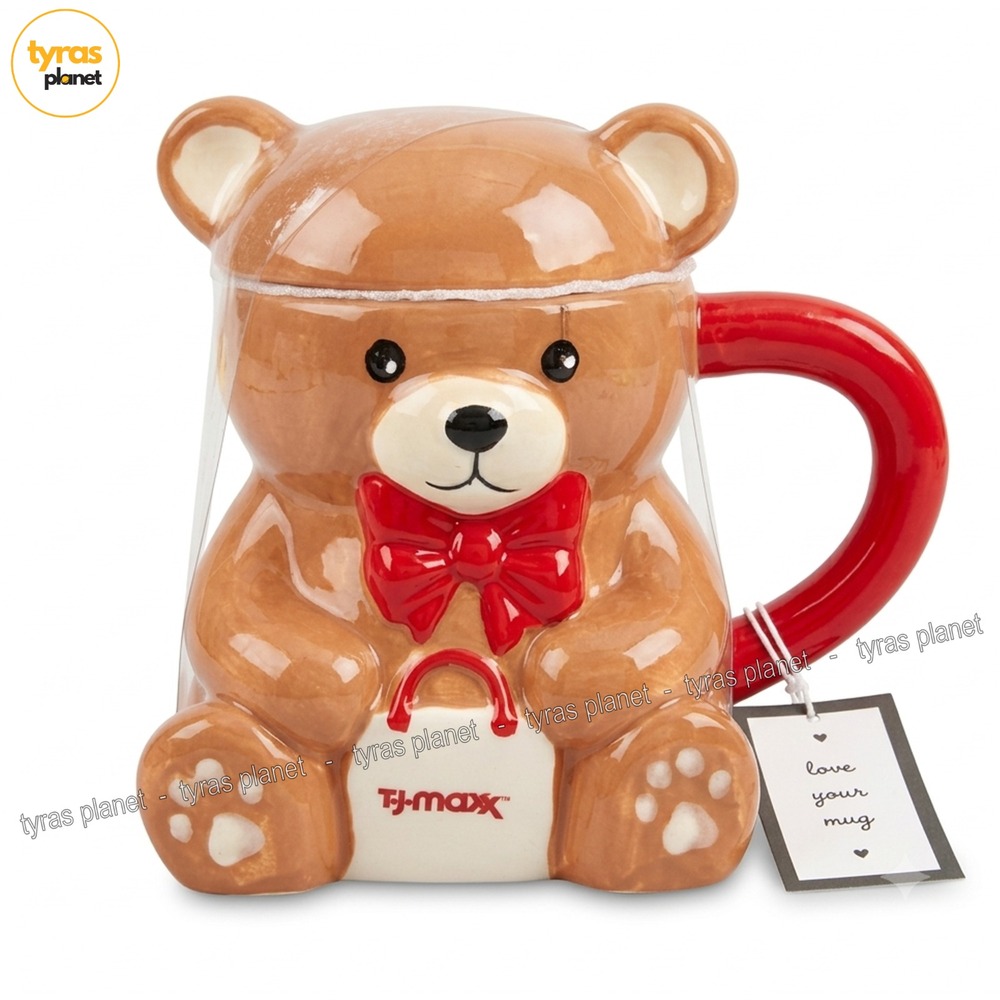 Love Your Mug TJ Maxx Teddy Bear Mug with Lid Ceramic Hand Painted Brown Red